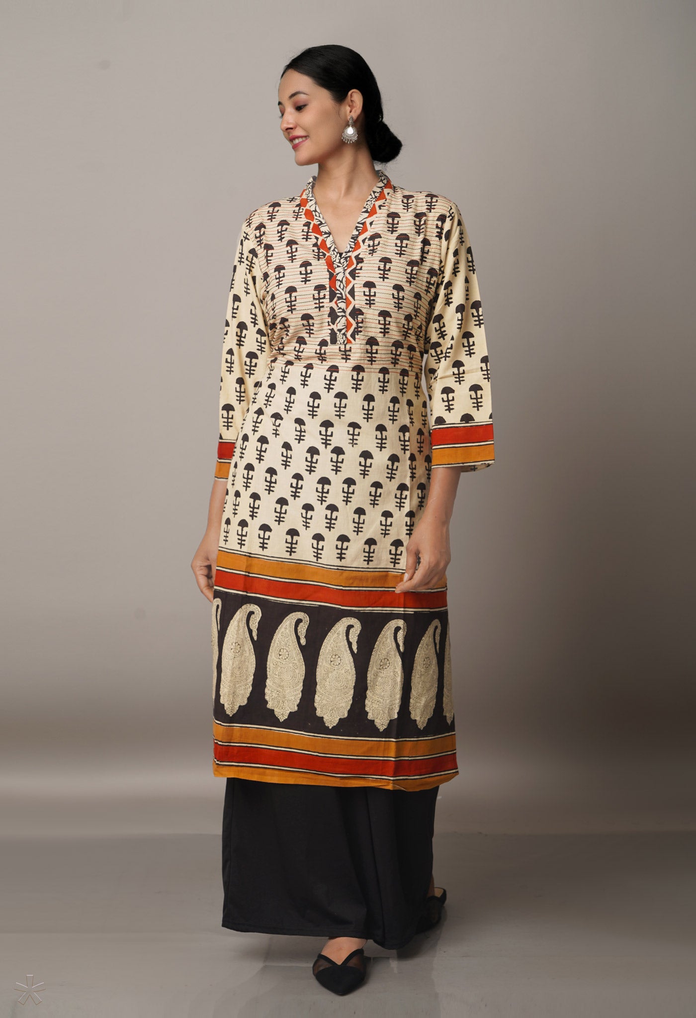 Cream Pure Block Printed Cotton Kurta- PKK1482