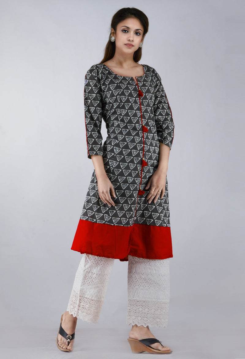 Online Shopping for Grey-Red Pure Bagru Printed Cotton Kurta With Tassels with Bagru Prints from Rajasthan at Unnatisilks.com, India 