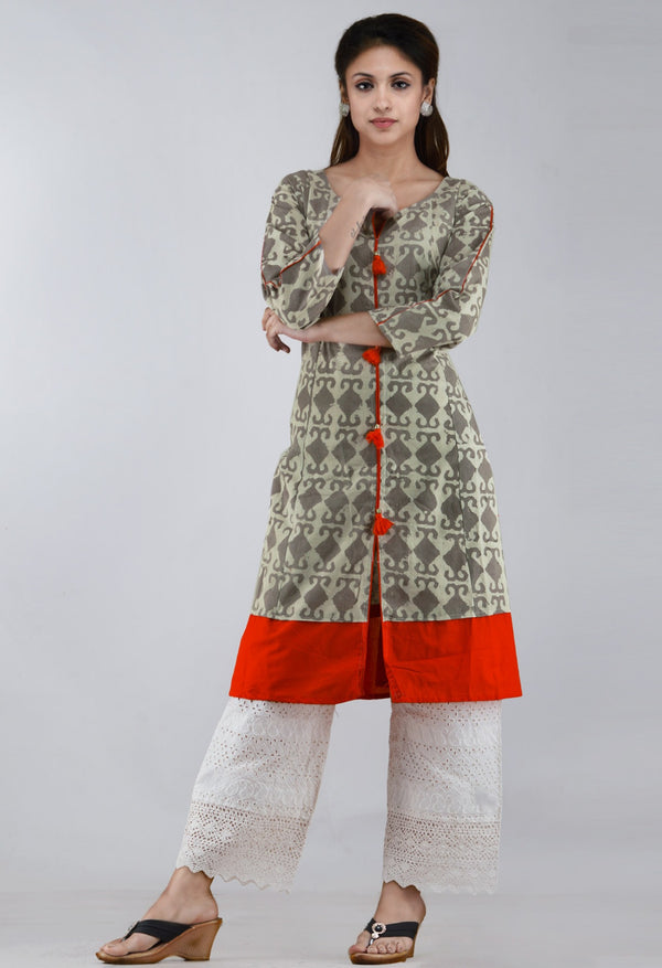 Online Shopping for Grey-Orange Pure Jaipuri Printed Cotton Kurta with Tassels with Jaipuri Prints from Rajasthan at Unnatisilks.com, India 