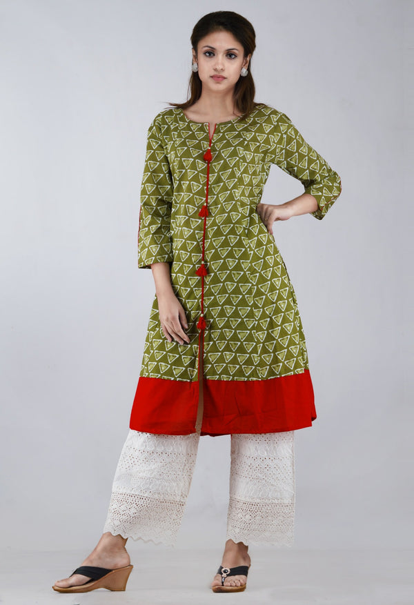 Online Shopping for Green-Red Pure Bagru Printed Cotton Kurta With Tassels with Bagru Prints from Rajasthan at Unnatisilks.com, India 