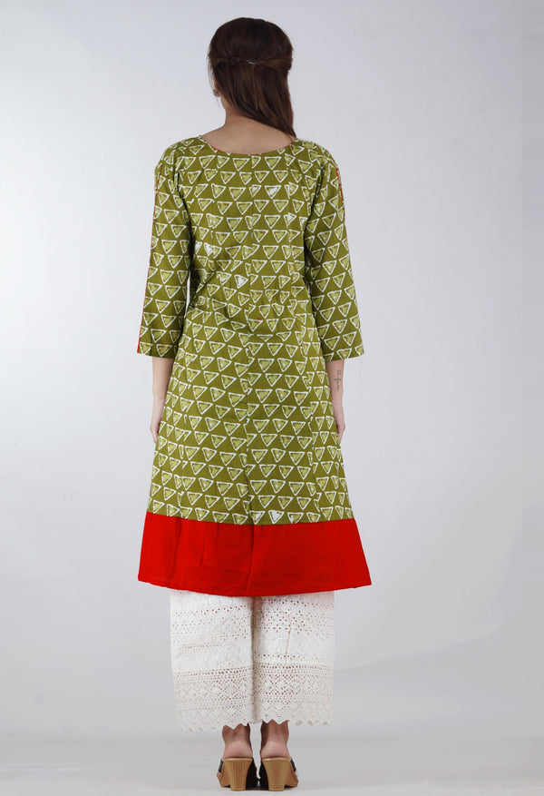 Online Shopping for Green-Orange Pure Bagru Cotton Kurta with Bagru Prints from Rajasthan at Unnatisilks.com, India 