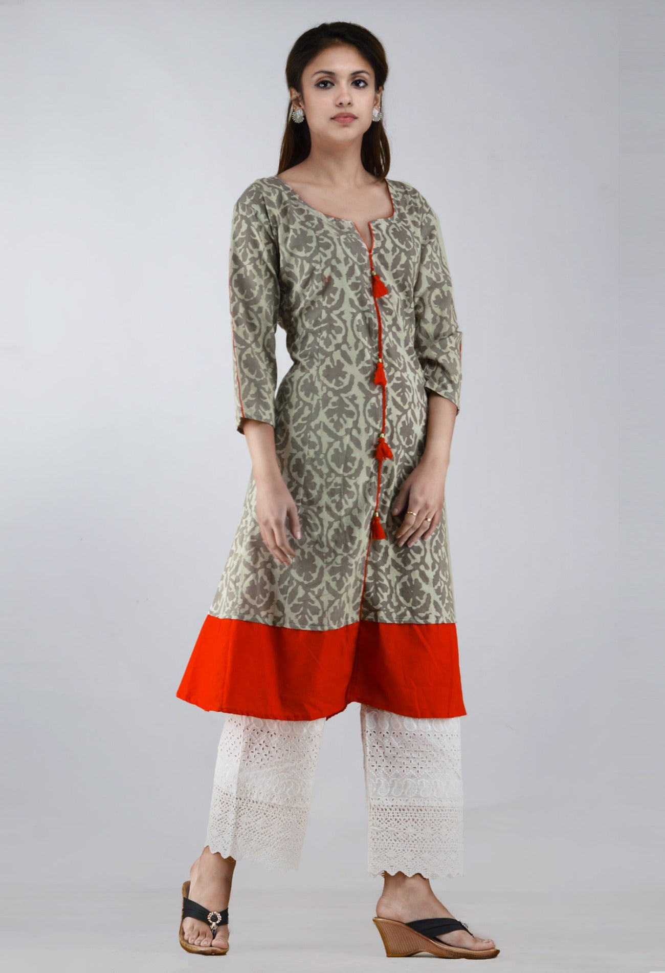 Online Shopping for Grey-Orange Pure Jaipuri Printed Cotton Kurta with Tassels with Jaipuri Prints from Rajasthan at Unnatisilks.com, India 