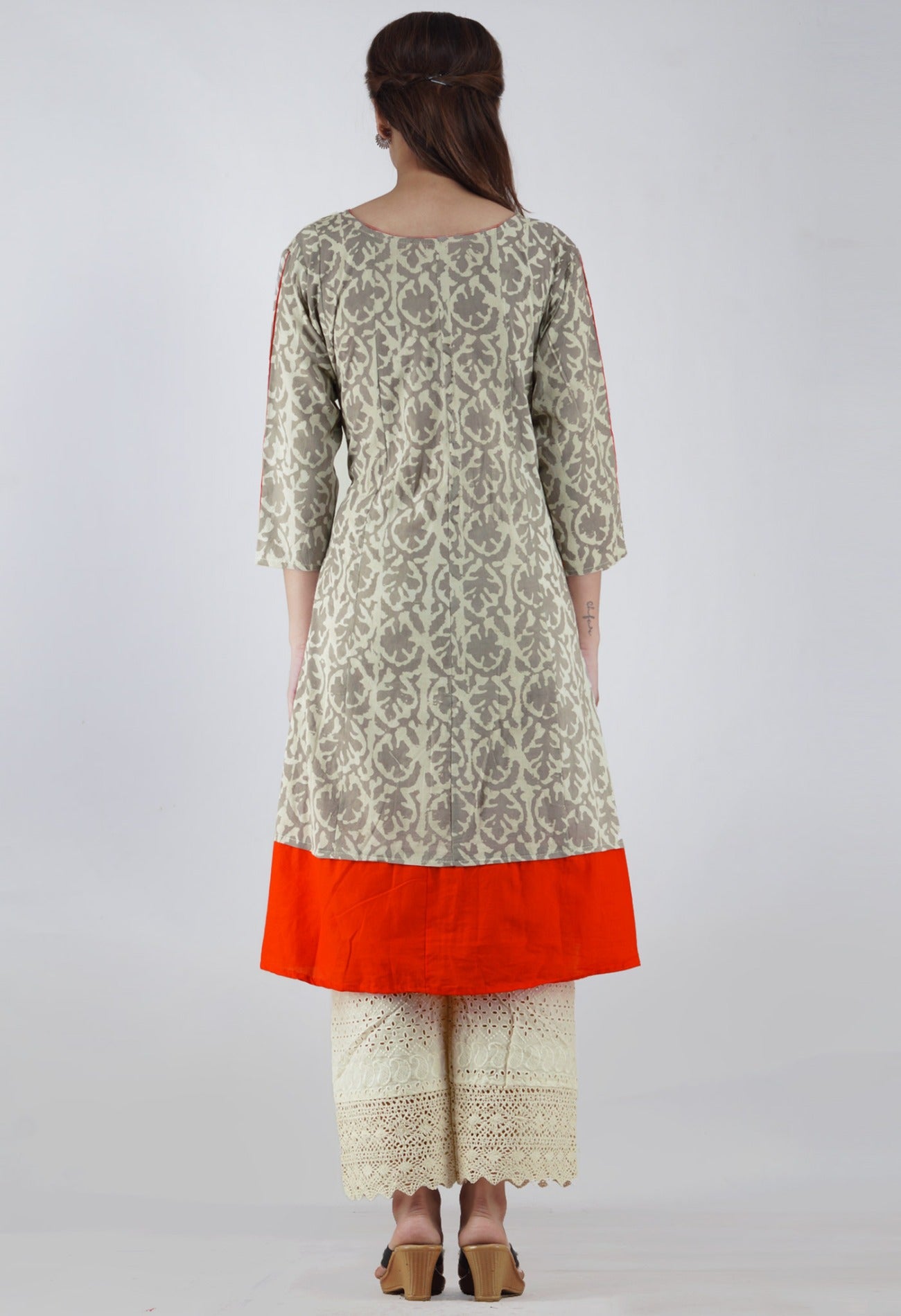 Online Shopping for Grey-Orange Pure Jaipuri Printed Cotton Kurta with Tassels with Jaipuri Prints from Rajasthan at Unnatisilks.com, India 