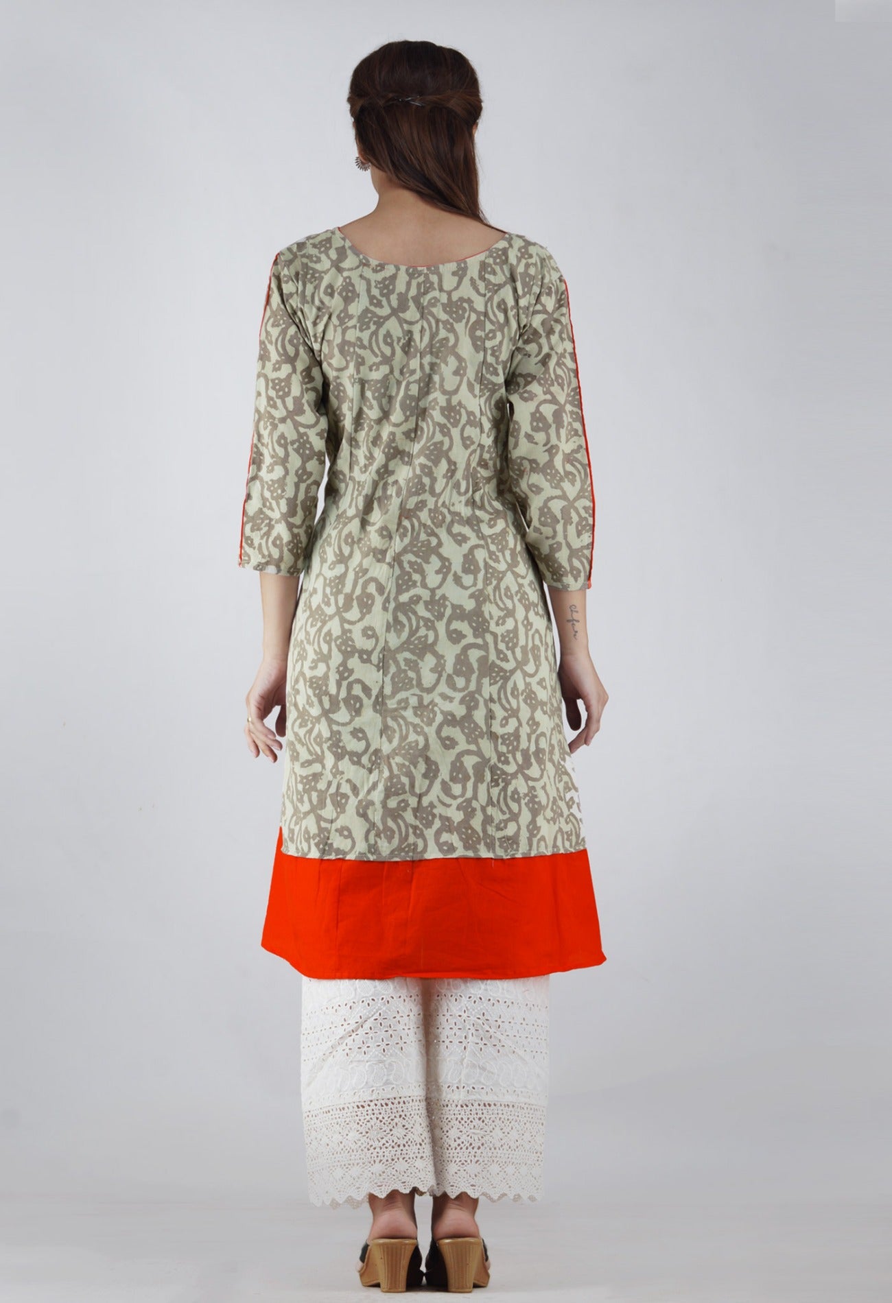 Online Shopping for Grey-Orange Pure Jaipuri Printed Cotton Kurta with Tassels with Jaipuri Prints from Rajasthan at Unnatisilks.com, India 