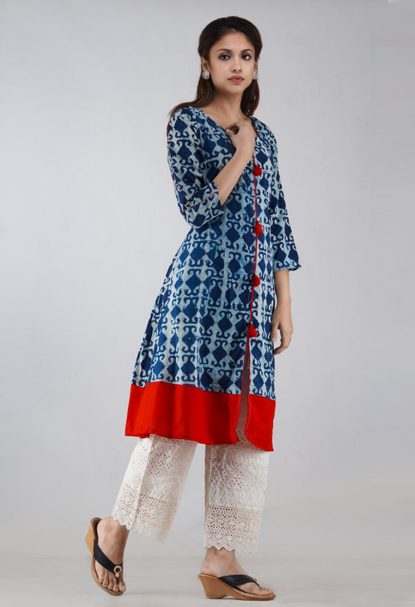 Online Shopping for Indigo-Red Pure Jaipuri Printed Cotton Kurta with Tassels  with Jaipuri Prints from Rajasthan at Unnatisilks.com, India 