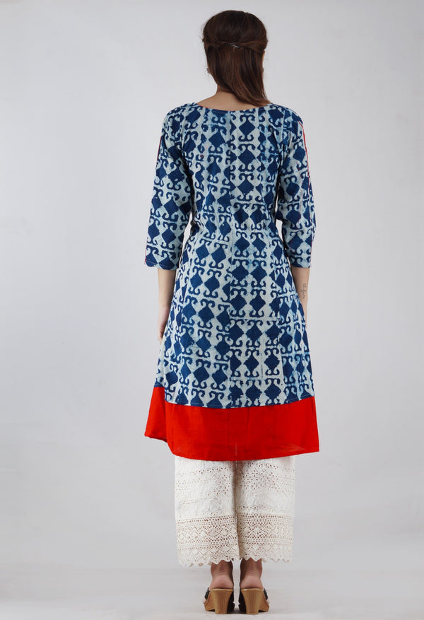 Online Shopping for Indigo-Red Pure Jaipuri Printed Cotton Kurta with Tassels  with Jaipuri Prints from Rajasthan at Unnatisilks.com, India 
