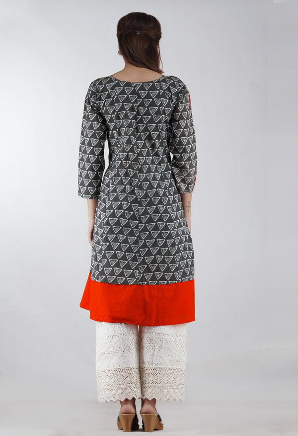Online Shopping for Grey-Orange Pure Bagru Printed Cotton Kurta With Tassels with Bagru Prints from Rajasthan at Unnatisilks.com, India 