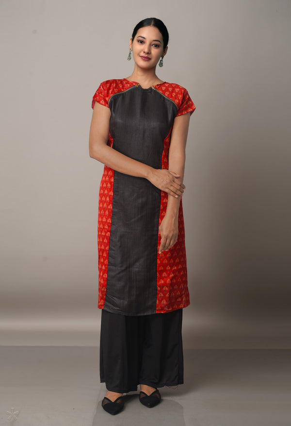 Brick Red-Black Pure Handloom Chanderi And Tussar Kurta