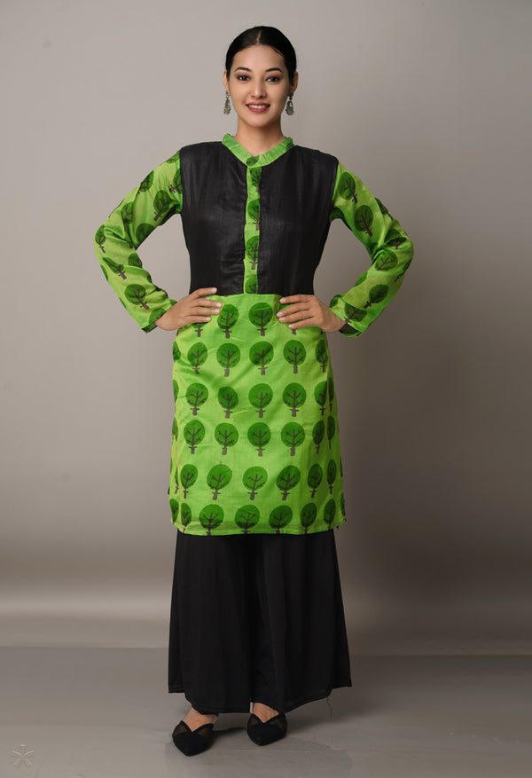 Parrot Green-Black Pure Handloom Chanderi Kurta-PKK1684