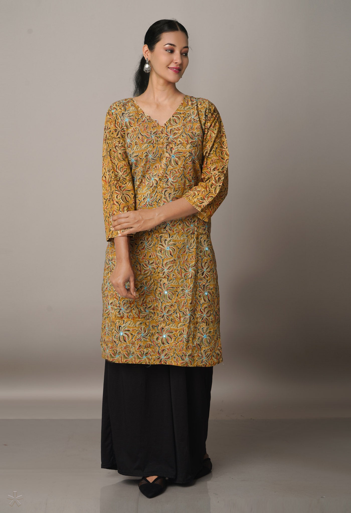 Mustrad Yellow Kalamkari With Embrodiery Work Cotton Kurta- PKK1723-L