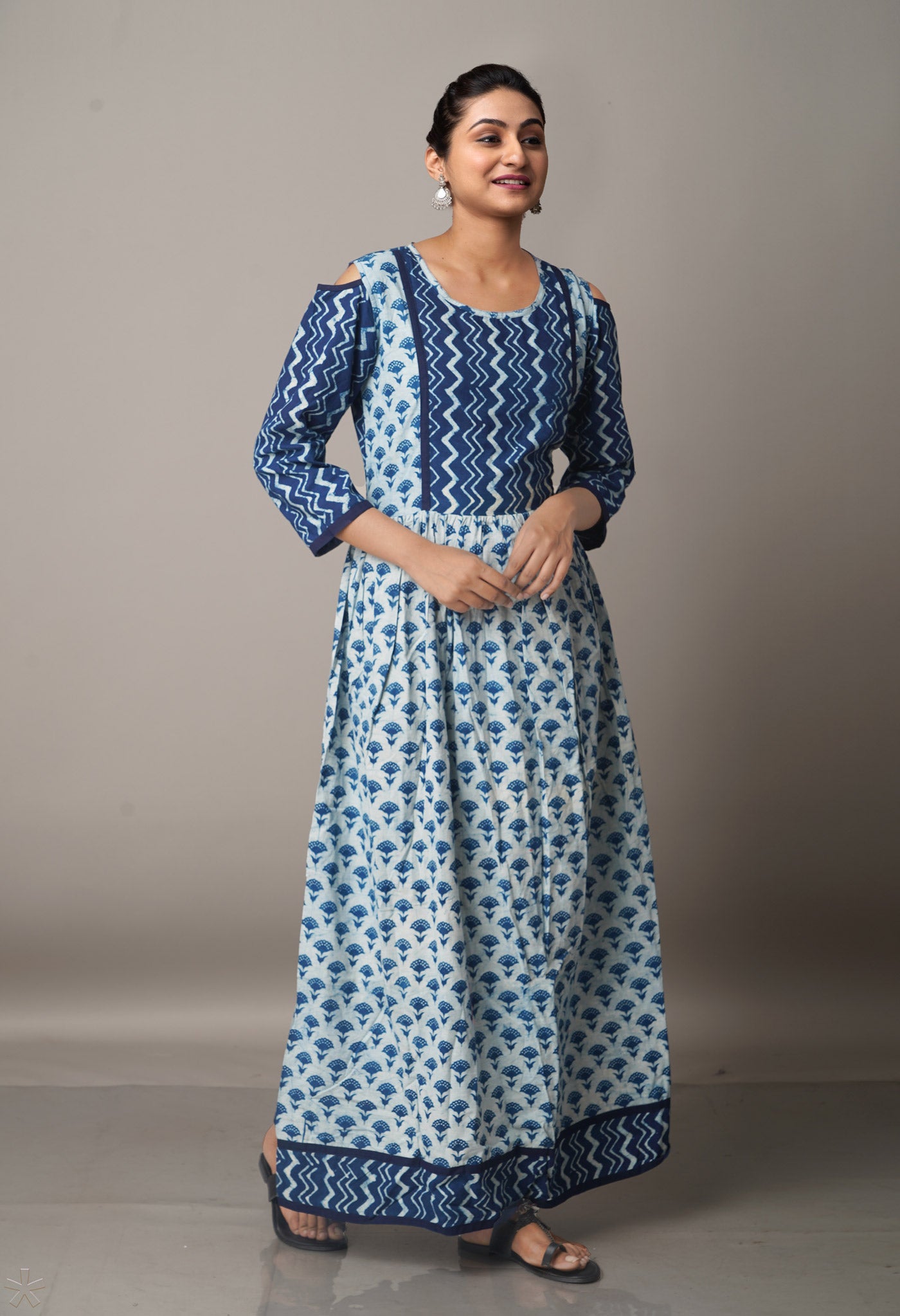 Cream-Indigo Pure Bagru Cotton Long Kurta With Off Shoulder-PKK1726