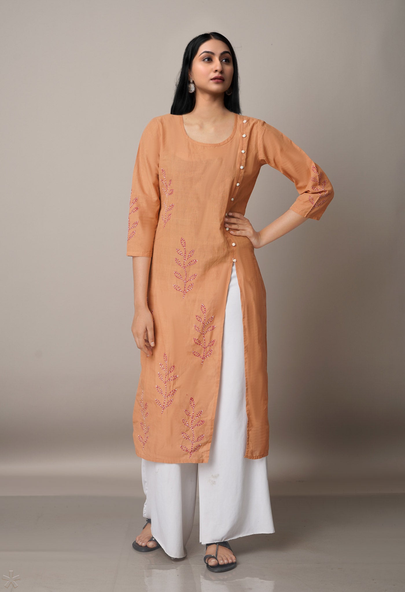 Brown Pure Rajasthani Cotton Front-Slit Kurta-PKK1745