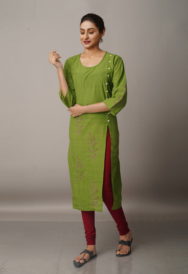 Green Pure Rajasthani Cotton Front-Slit Kurta-PKK1747