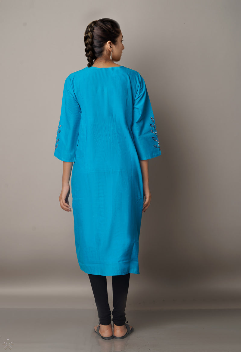 Blue Pure Rajasthani Cotton Front-Slit Kurta-PKK1748