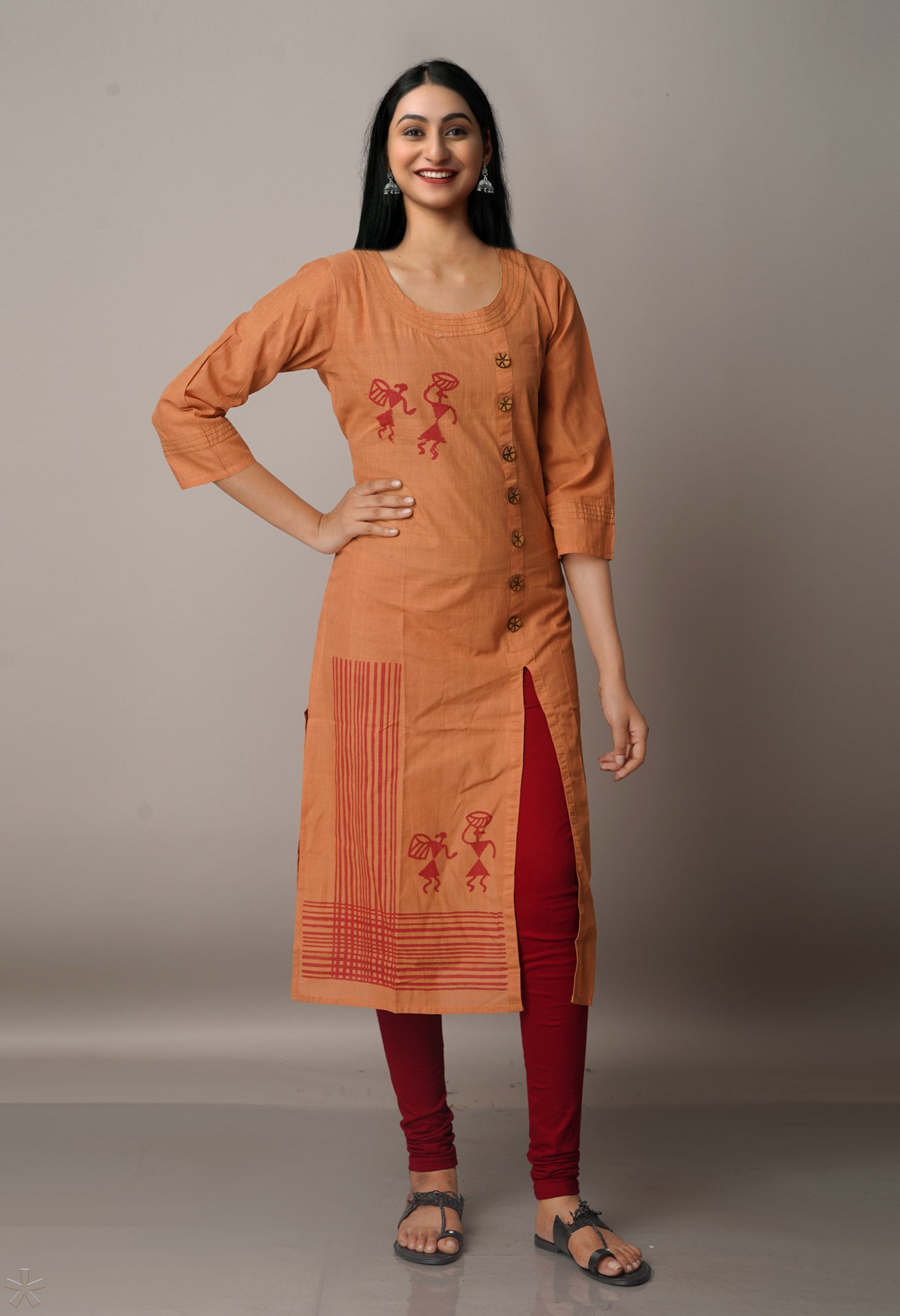 Brown Pure Rajasthani Cotton Front-Slit Kurta-PKK1750