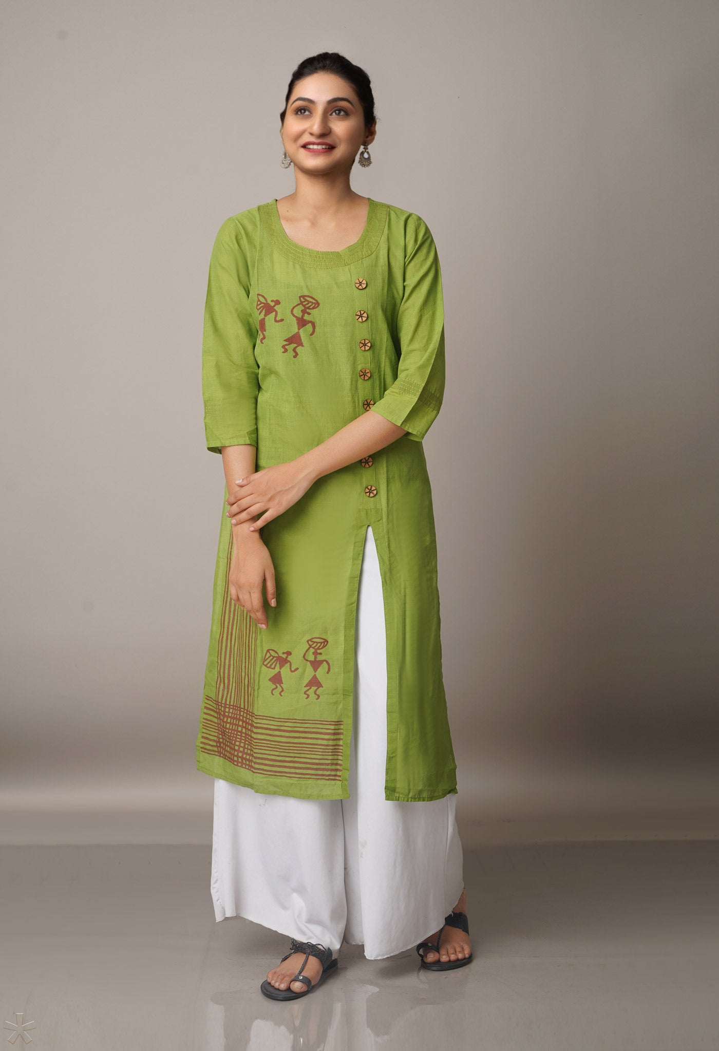 Green Pure Rajasthani Cotton Front-Slit Kurta-PKK1751