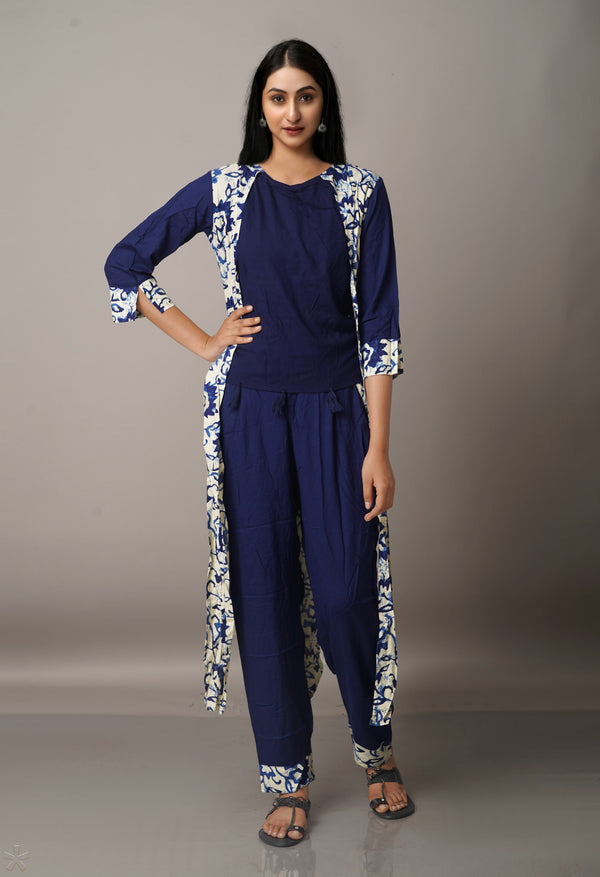 off White-Blue Printed Rayon Silk Attached Coat Kurta with Palazzo-PKK1821