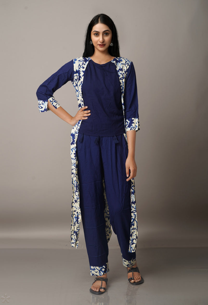 off White-Blue Printed Rayon Silk Attached Coat Kurta with Palazzo-PKK1821