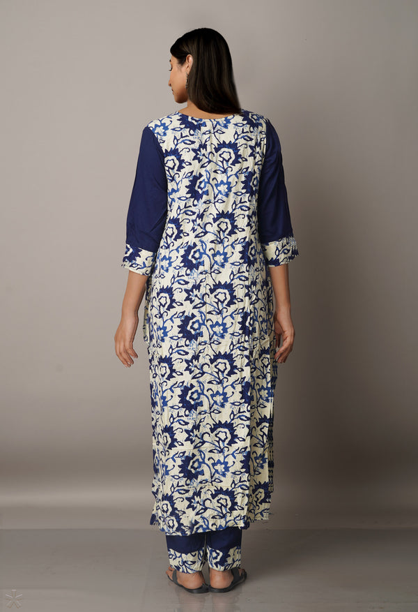 off White-Blue Printed Rayon Silk Attached Coat Kurta with Palazzo-PKK1821