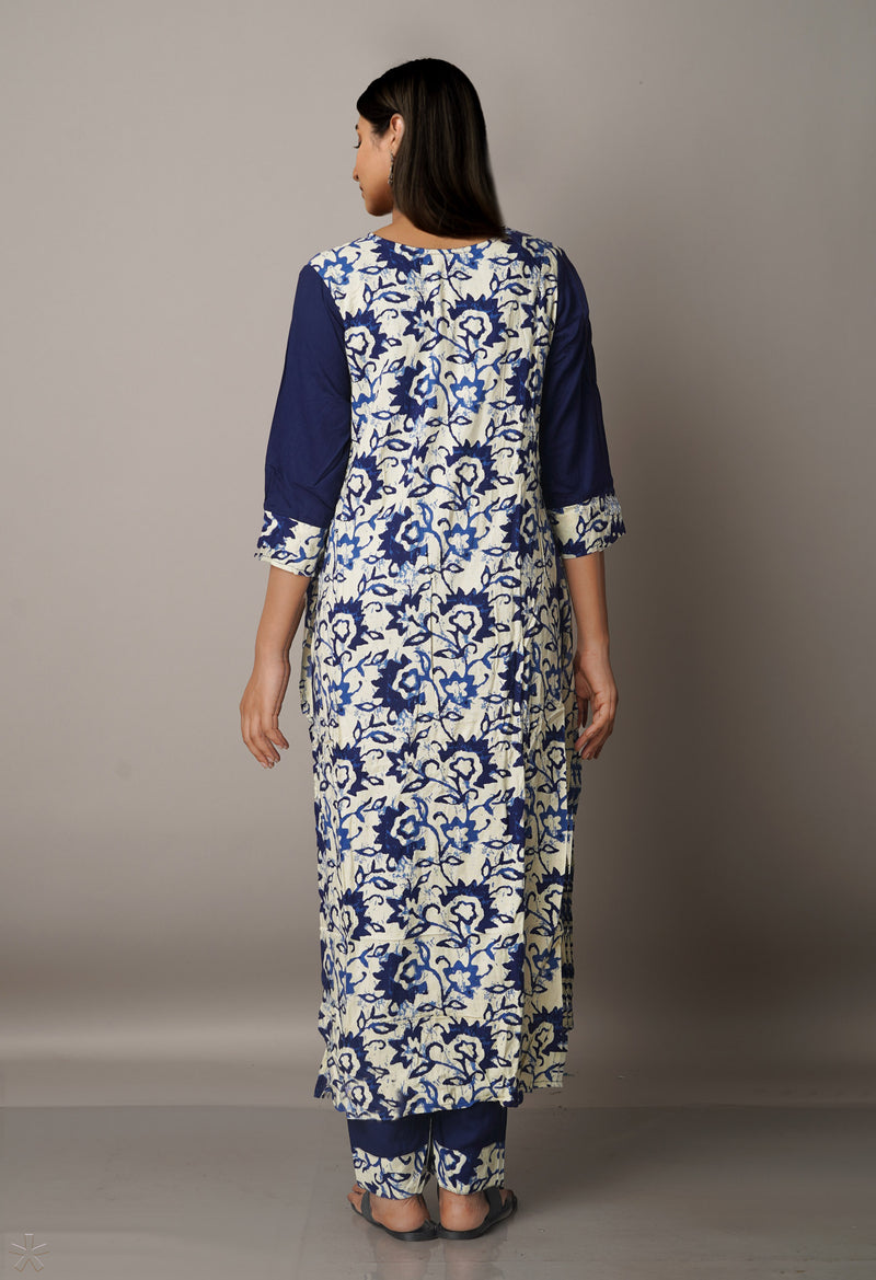 off White-Blue Printed Rayon Silk Attached Coat Kurta with Palazzo-PKK1821