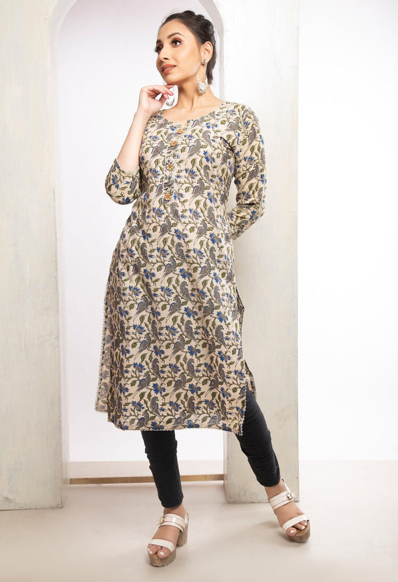 Online Shopping for Cream Pure Kalamkari Cotton Kurta with Fancy prints from Gujarat at Unnatisilks.com India
