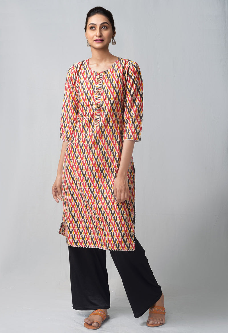 Cream Pure Ikat Cotton Long Kurta-PKK1846