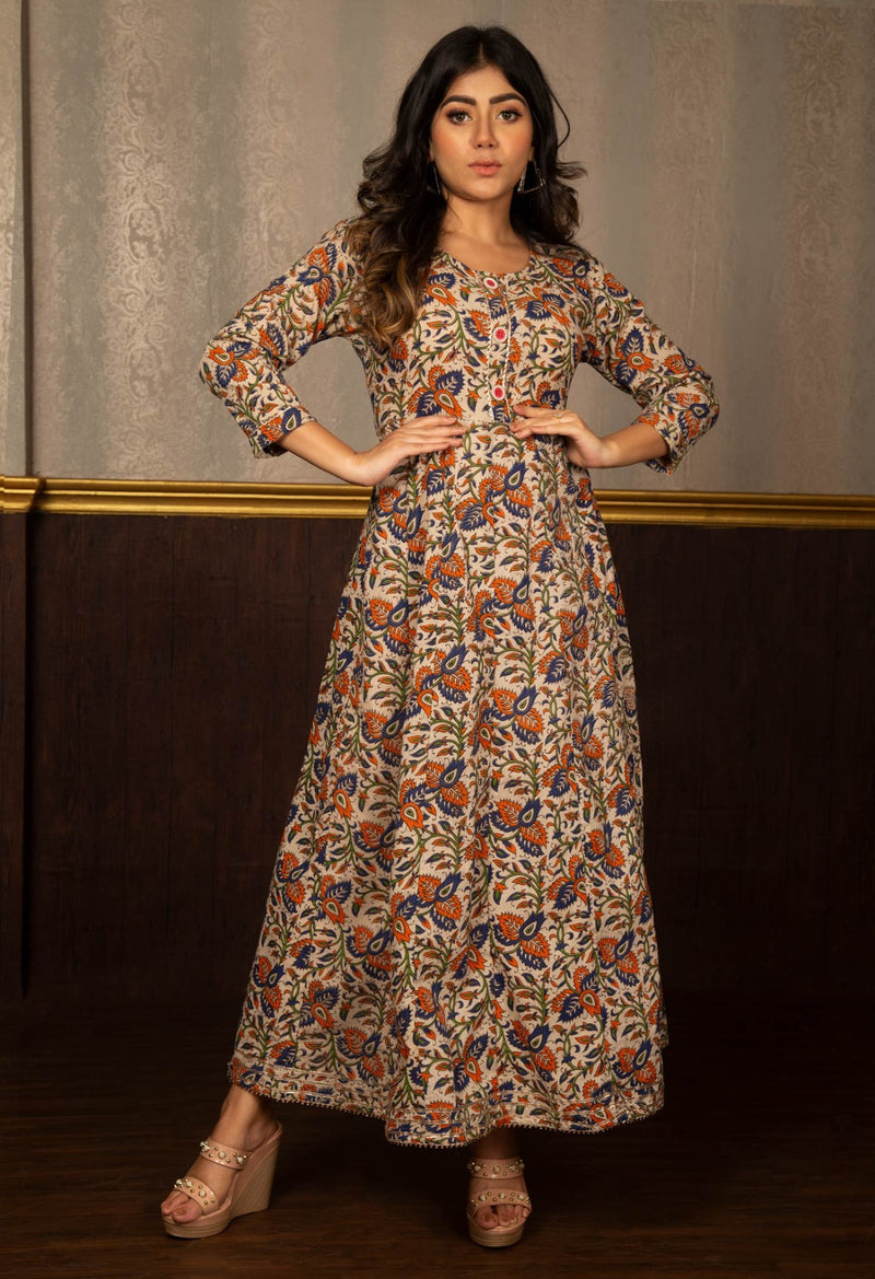 Cream Pure Kalamkari Cotton Long Kurta-PKK1847
