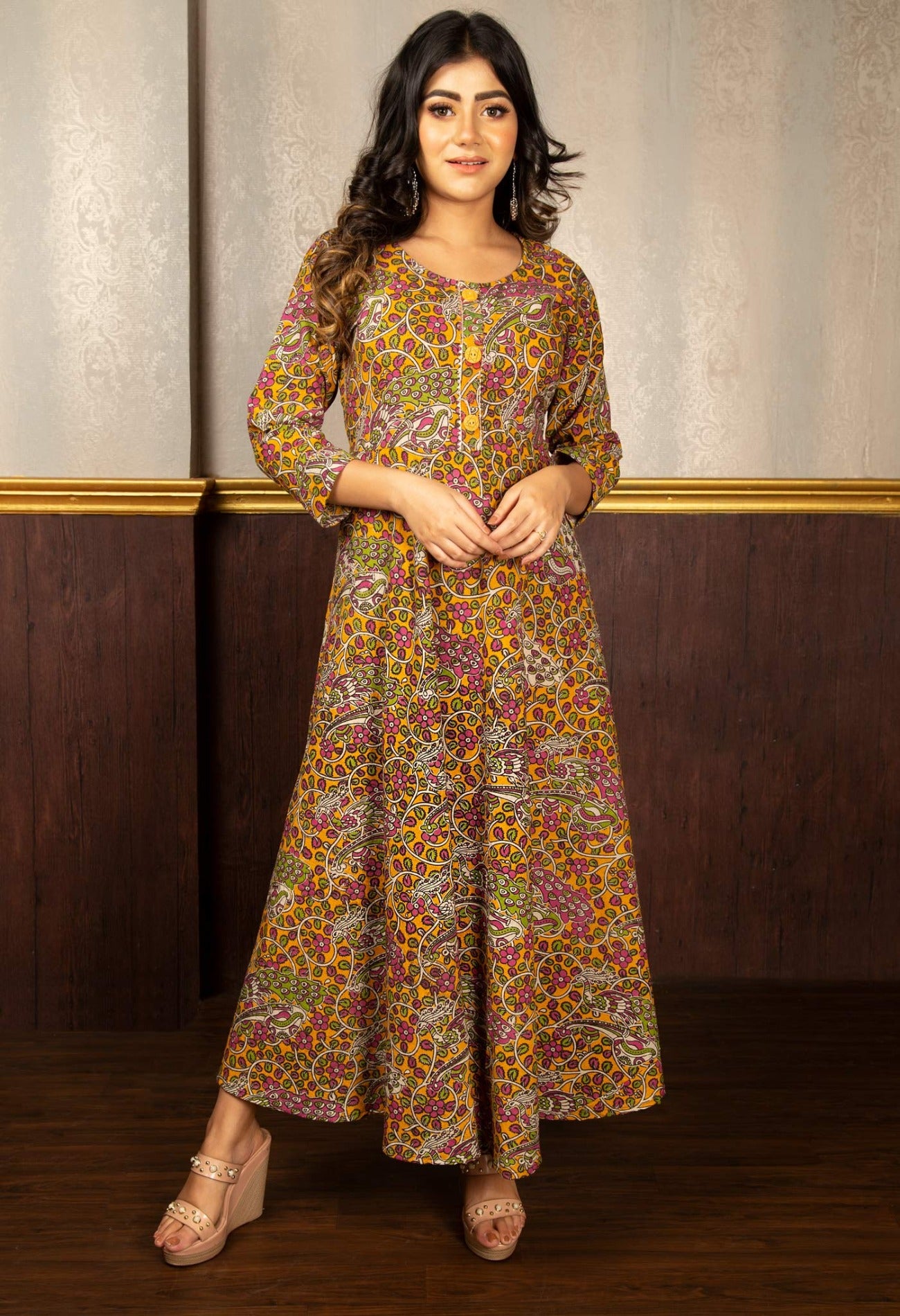 Yellow Pure Kalamkari Cotton Long Kurta-PKK1851