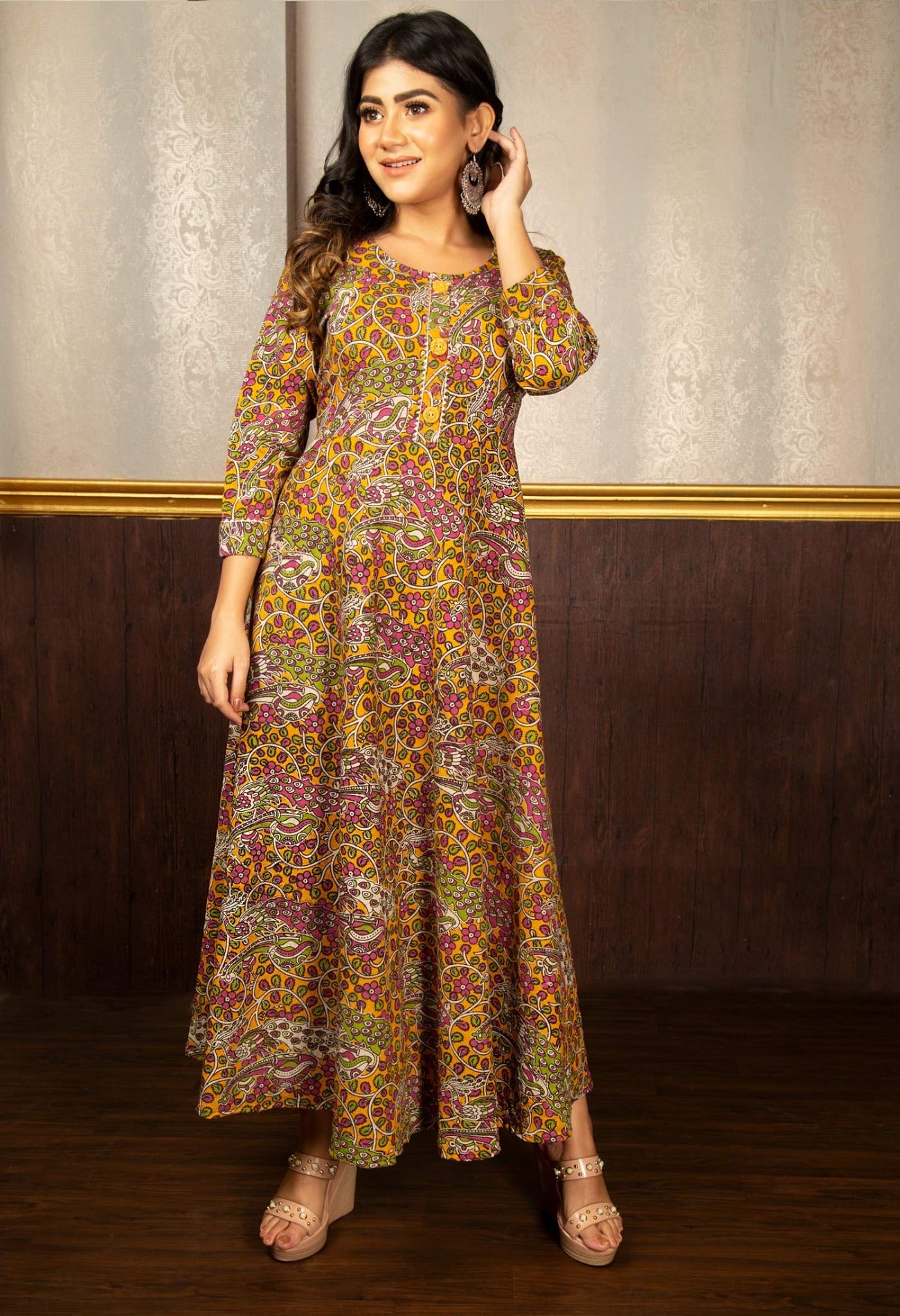 Yellow Pure Kalamkari Cotton Long Kurta-PKK1851