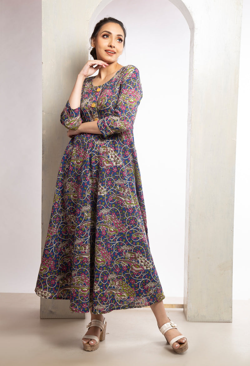 Navy Blue Pure Kalamkari Cotton Long Kurta-PKK1854