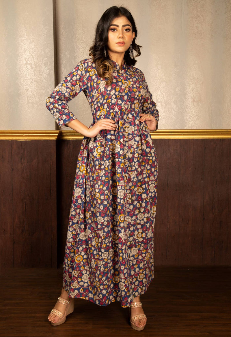 Navy Blue Pure Kalamkari Cotton Long Kurta-PKK1861
