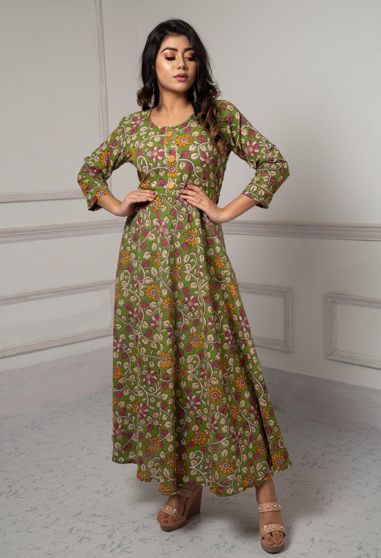 Green Pure Kalamkari Cotton Long Kurta-PKK1862