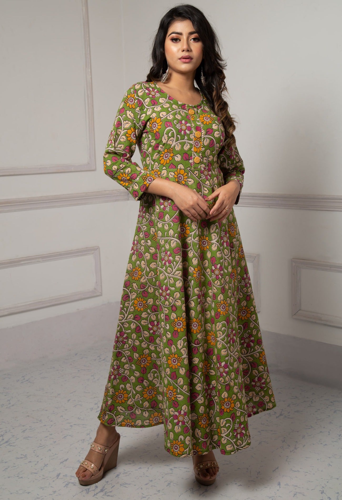Green Pure Kalamkari Cotton Long Kurta-PKK1862