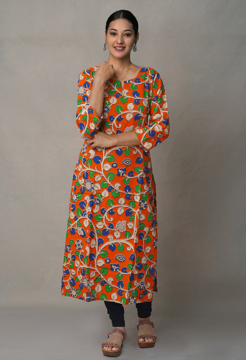 Orange Pure Kalamkari Floral Cotton Long Kurta-PKK1871