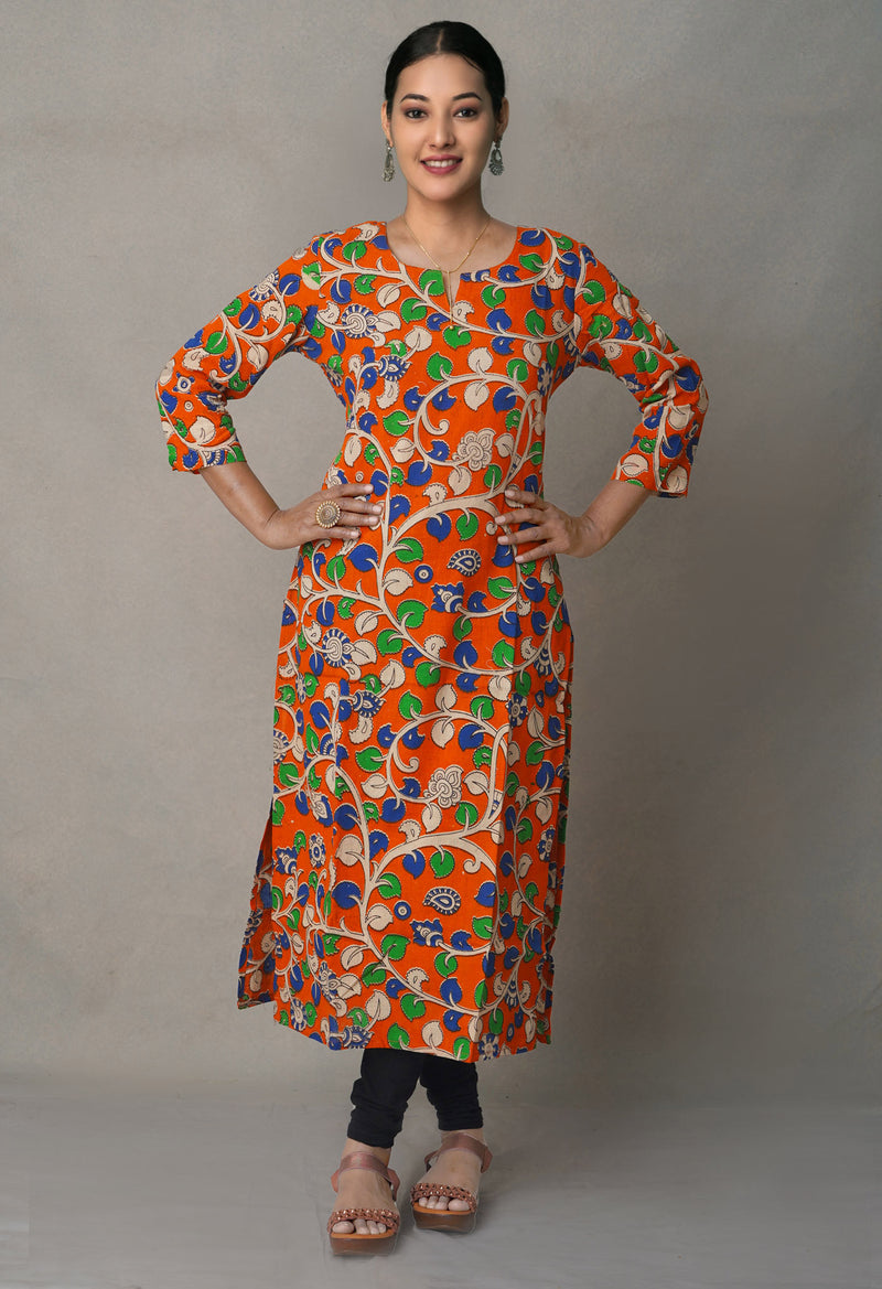 Orange Pure Kalamkari Floral Cotton Long Kurta-PKK1871
