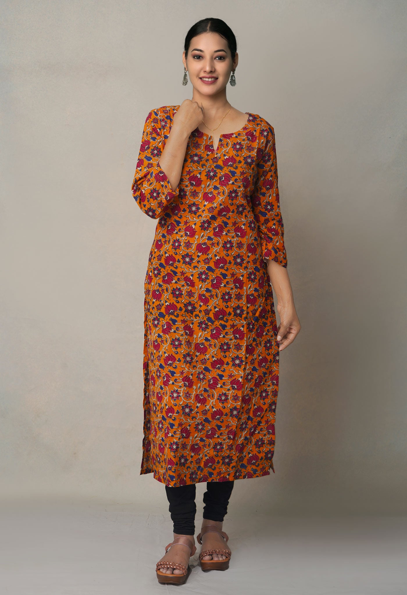 Yellow Pure Kalamkari Floral Cotton Long Kurta-PKK1877