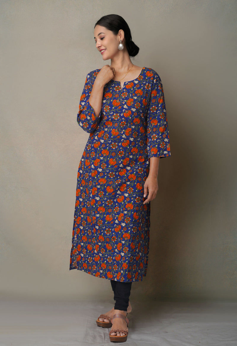 Blue Pure Kalamkari Floral Cotton Long Kurta-PKK1879
