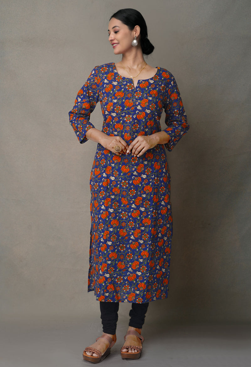 Blue Pure Kalamkari Floral Cotton Long Kurta-PKK1879