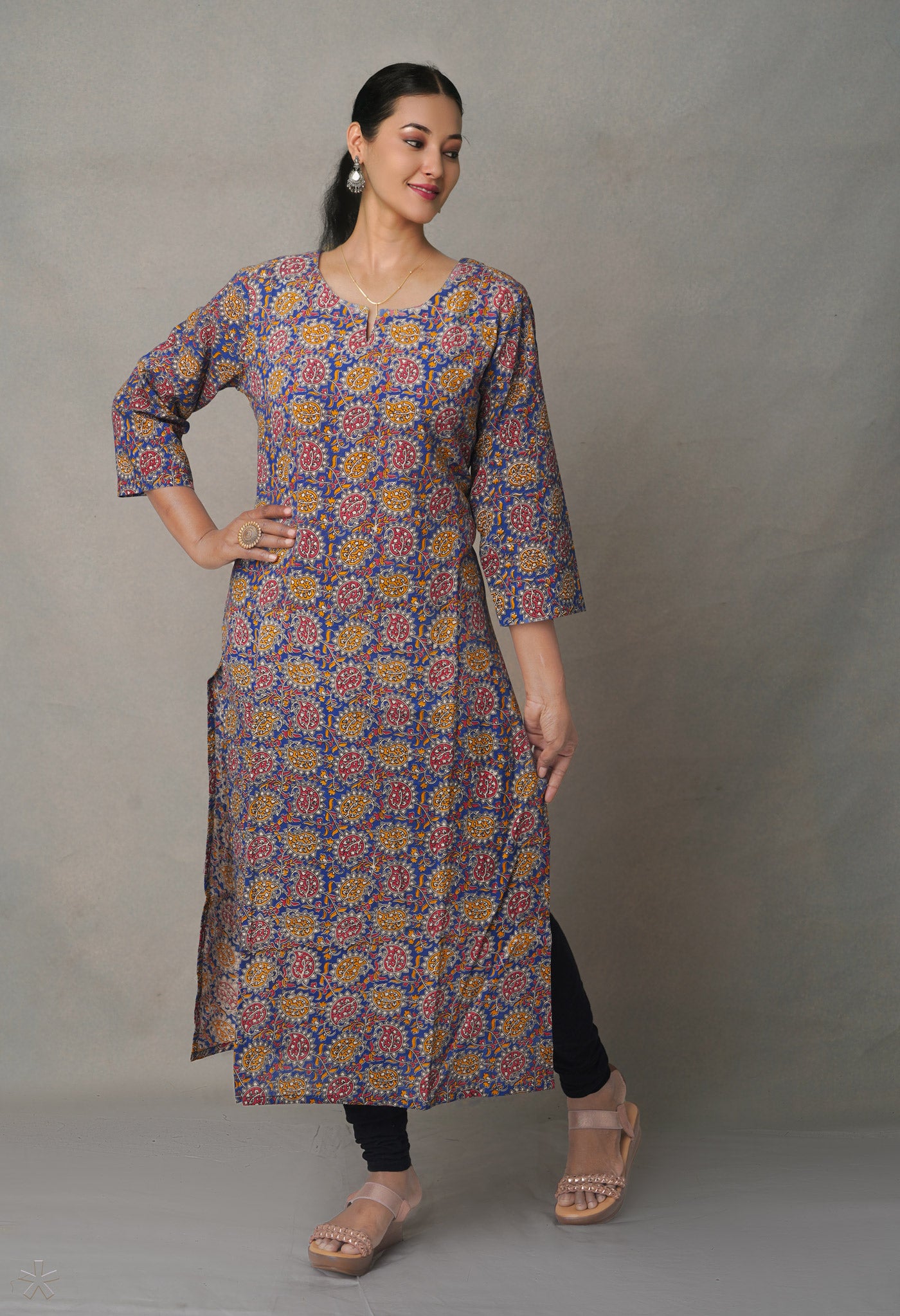 Blue Pure Kalamkari Floral Cotton Long Kurta-PKK1883