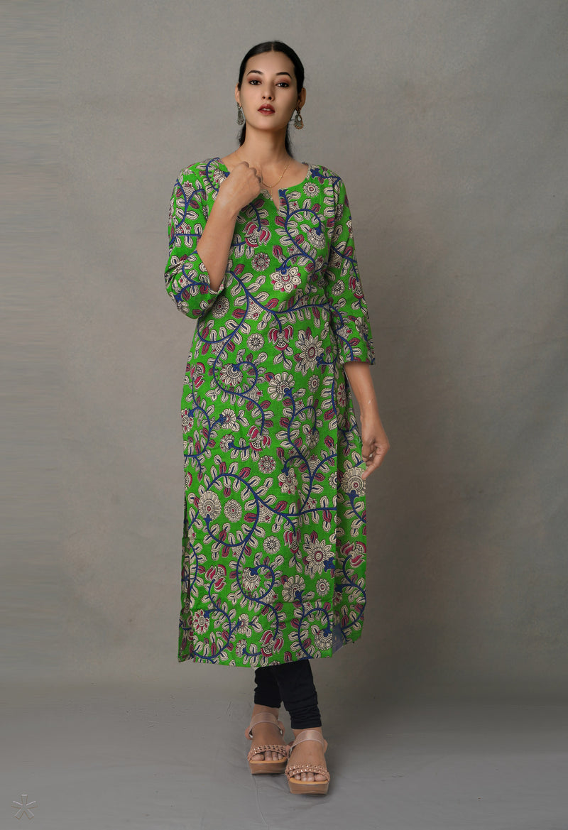 Green Pure Kalamkari Floral Cotton Long Kurta-PKK1886