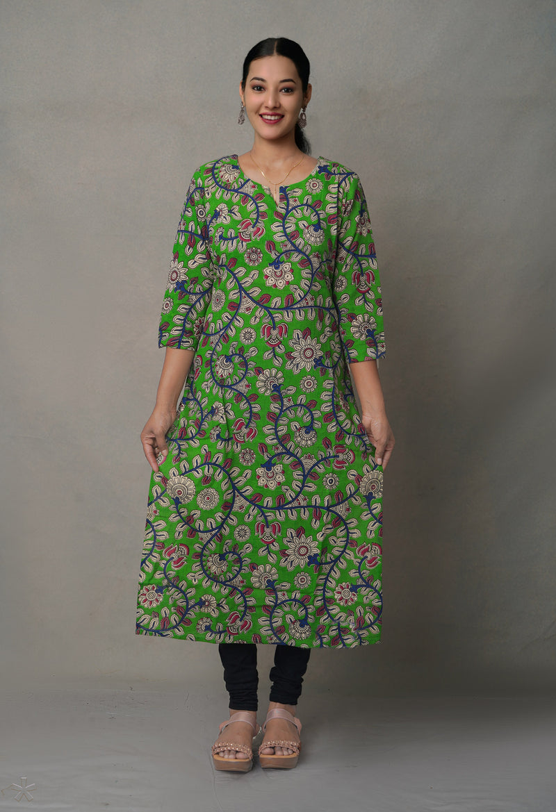 Green Pure Kalamkari Floral Cotton Long Kurta-PKK1886