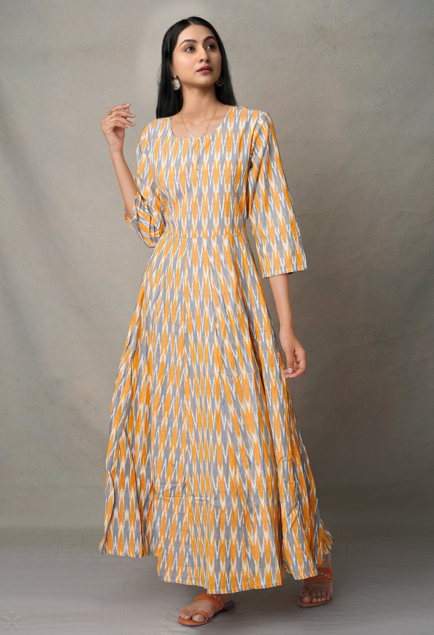 Yellow Pure Ikat  Cotton Long Kurta-PKK1890