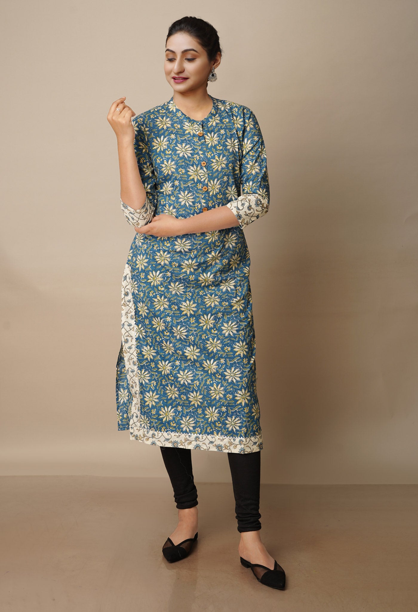 Deep Sea Blue Pure Ajrakh Floral Cotton Kurta-PKK1906