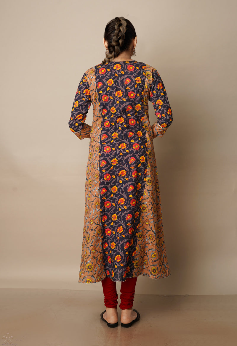 Dark Navy Blue Pure Ajrakh Floral Cotton Kurta-PKK1907
