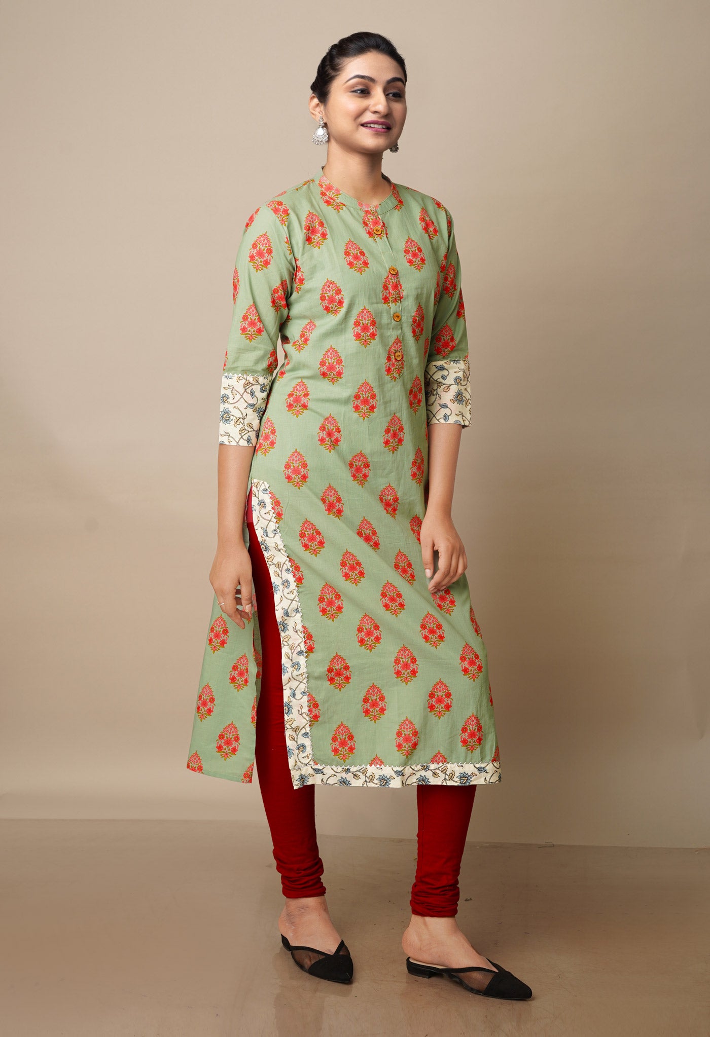 Dark Pastel Green Pure Bagru Floral Cotton Kurta-PKK1913