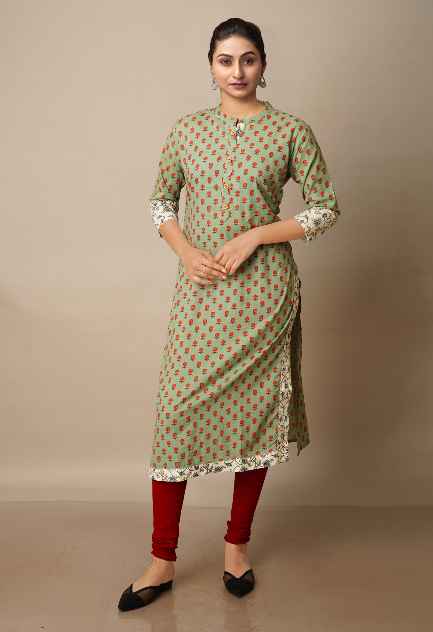 Dark Pastel Green Pure Bagru Floral Cotton Kurta-PKK1915