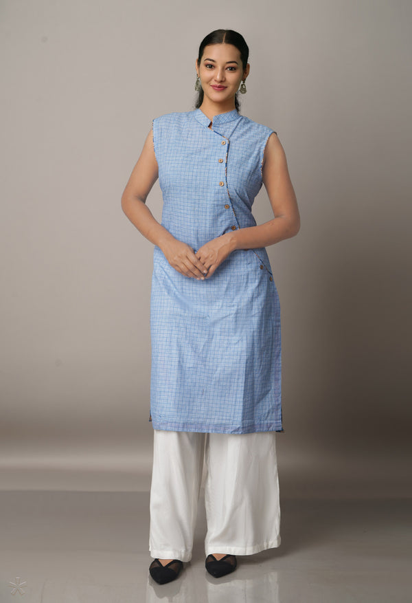 PKK462-Sloka Weaves white-blue cotton Kurta with attachable short sleeves