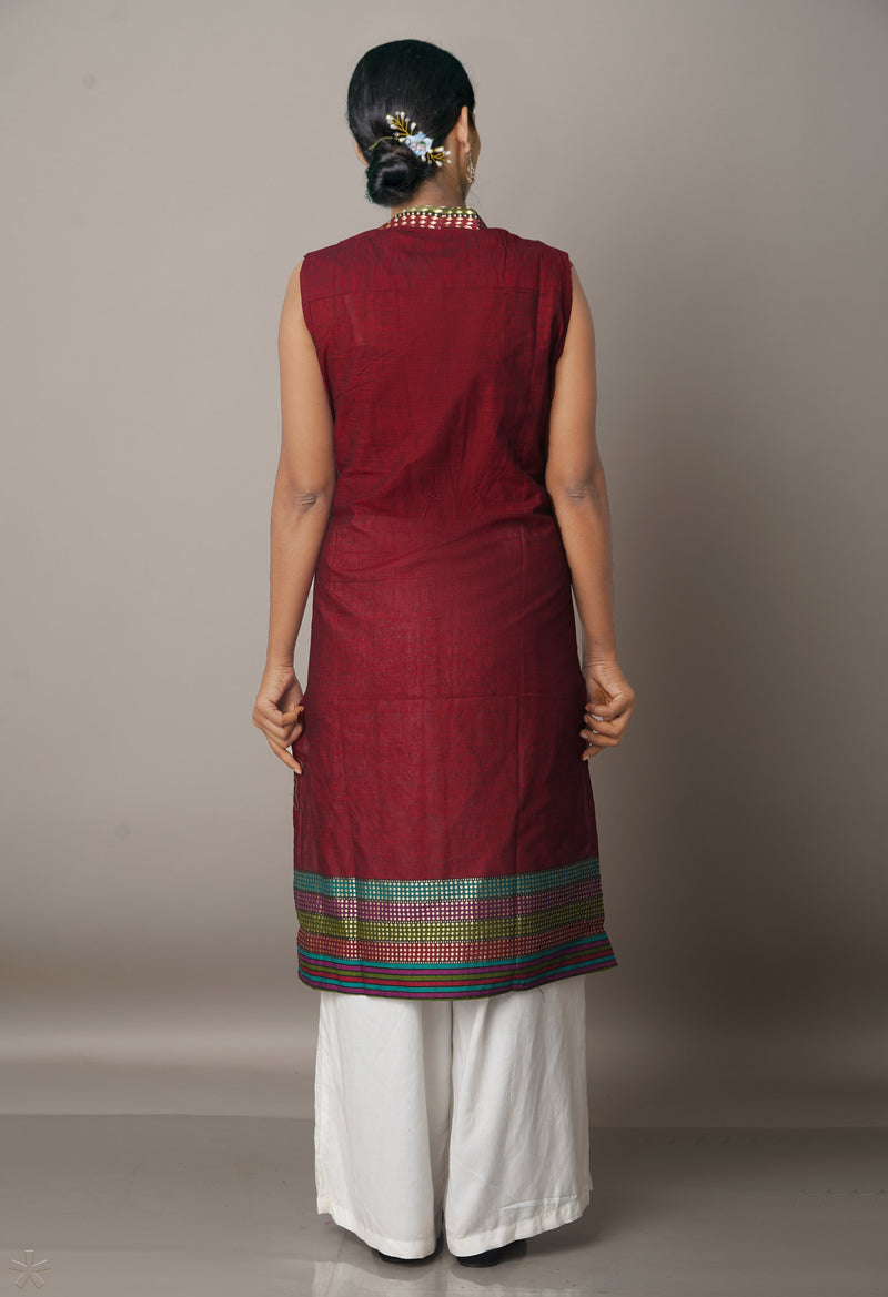 PKK466-Sloka Weaves maroon Narayanpet cotton Kurta with attachable short sleeves