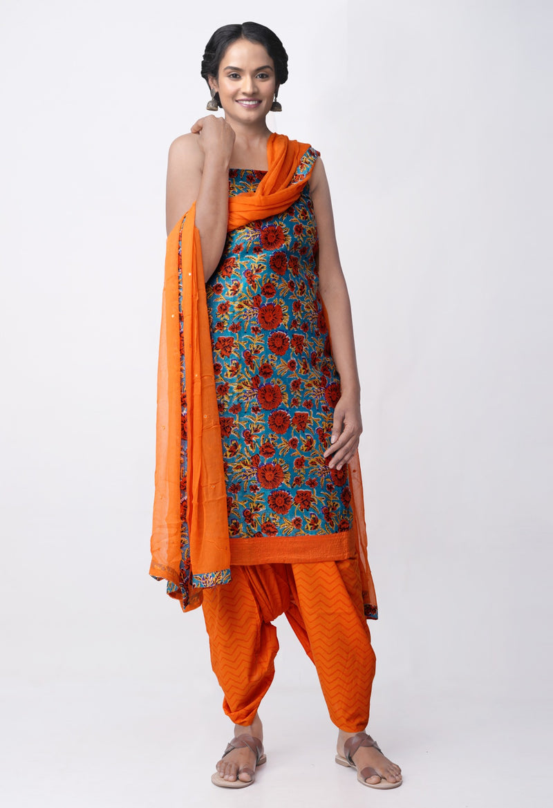 Online Shopping for Blue-Orange Pure Maheshwari Silk Cotton Salwar Kameez with Block Prints from Madhya Pradesh at Unnatisilks.comIndia