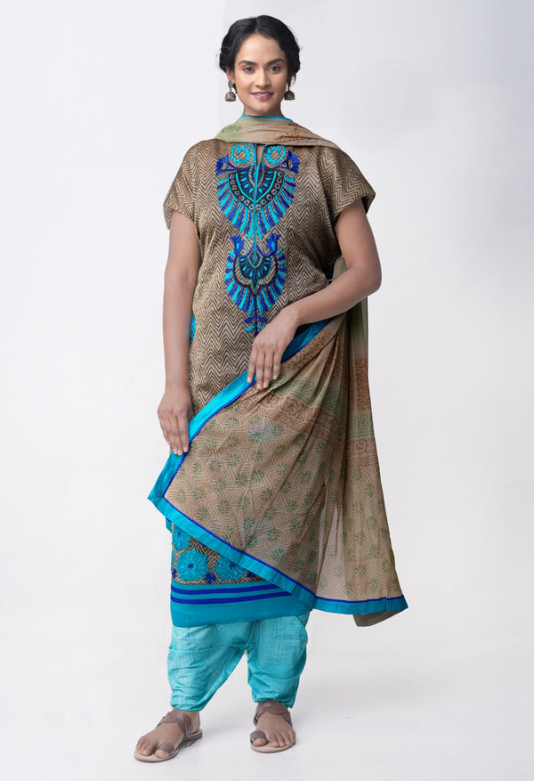 Online Shopping for Semi-Stitched Brown-Blue Pure Chanderi Sico Salwar Kameez with Embroidery Work from Madhya Pradesh at Unnatisilks.com, India 